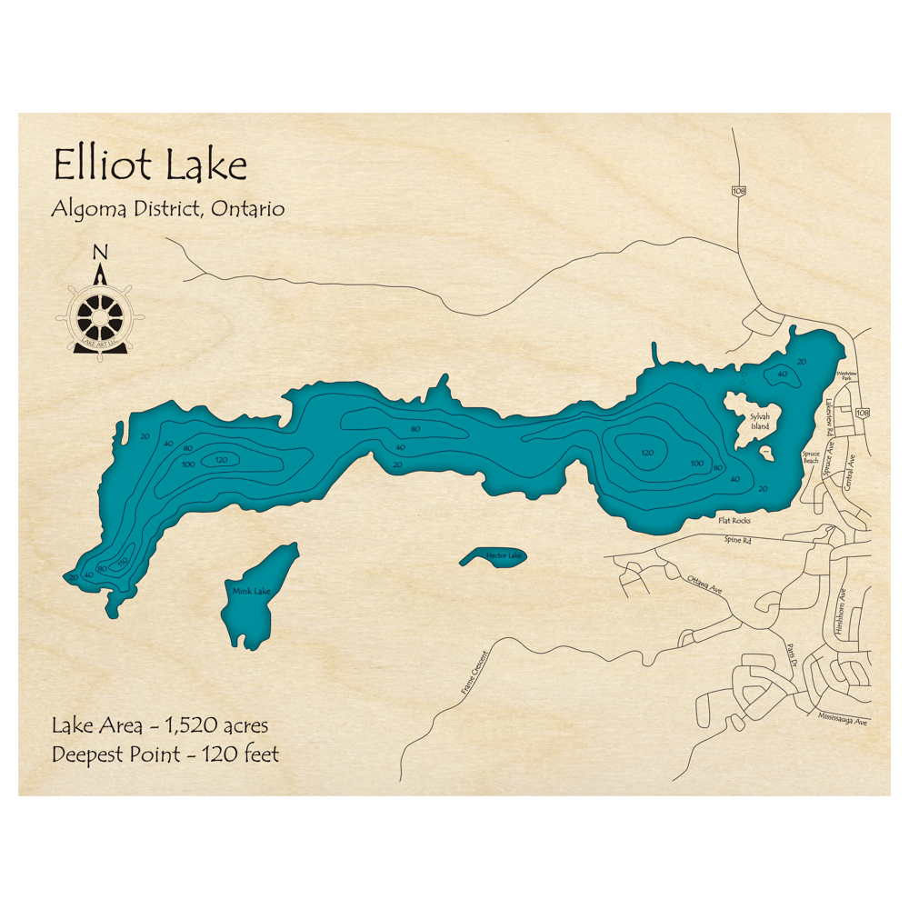 Bathymetric topo map of Elliot Lake, ON with roads, towns and depths noted in blue water.