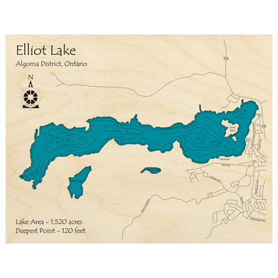 Bathymetric topo map of Elliot Lake, ON with roads, towns and depths noted in blue water.