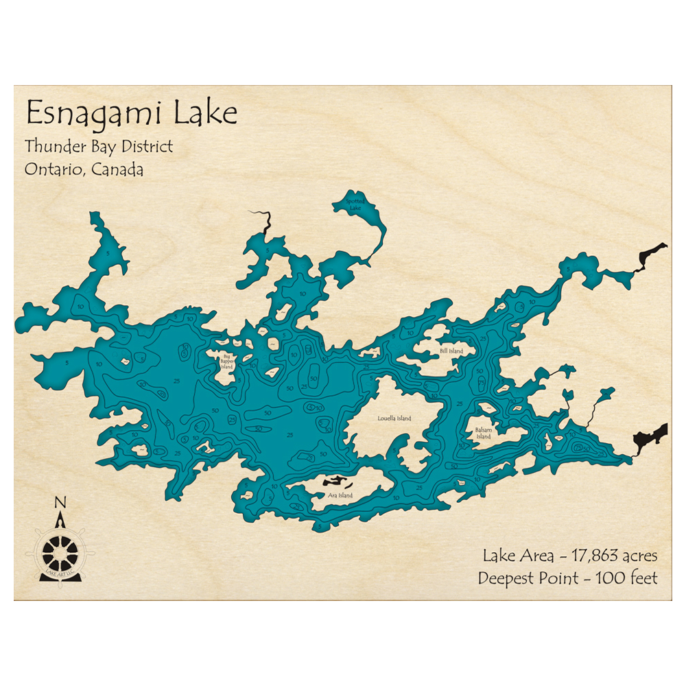 Bathymetric topo map of Esnagami Lake, ON with roads, towns and depths noted in blue water.