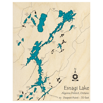 Bathymetric topo map of Esnagi Lake, ON with roads, towns and depths noted in blue water.