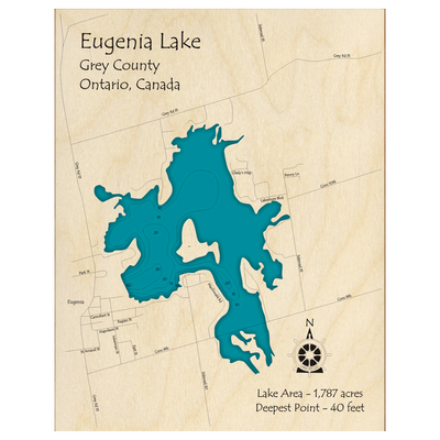 Bathymetric topo map of Eugenia Lake, ON with roads, towns and depths noted in blue water.