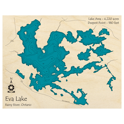 Bathymetric topo map of Eva Lake, ON with roads, towns and depths noted in blue water.