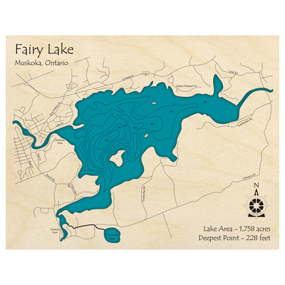 Bathymetric topo map of Fairy Lake, ON with roads, towns and depths noted in blue water.