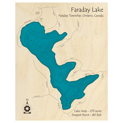 Bathymetric topo map of Faraday Lake, ON with roads, towns and depths noted in blue water.