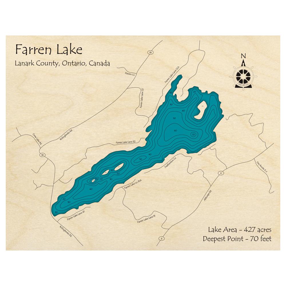 Bathymetric topo map of Farren Lake, ON with roads, towns and depths noted in blue water.
