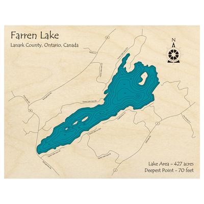 Bathymetric topo map of Farren Lake, ON with roads, towns and depths noted in blue water.