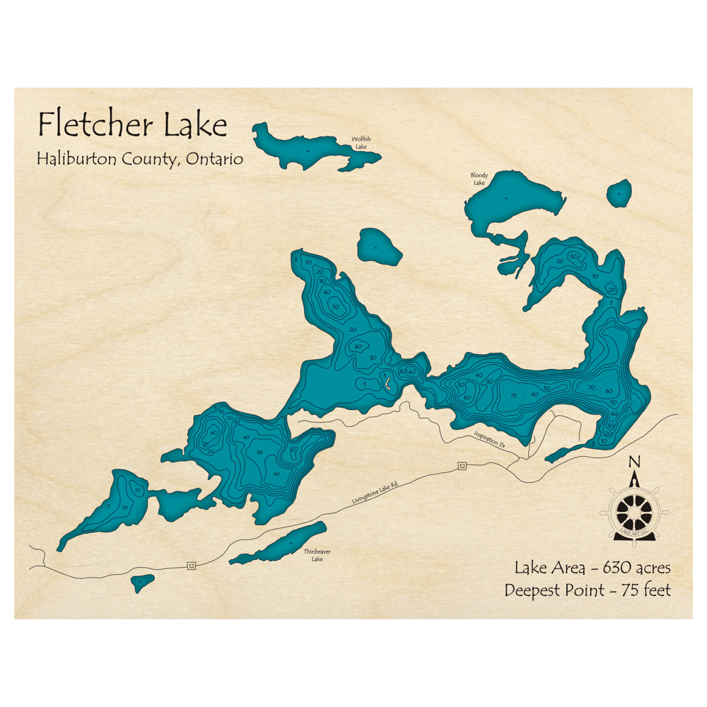 Bathymetric topo map of Fletcher Lake, ON with roads, towns and depths noted in blue water.