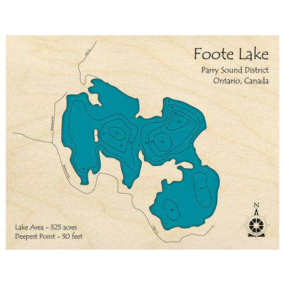 Bathymetric topo map of Foote Lake, ON with roads, towns and depths noted in blue water.