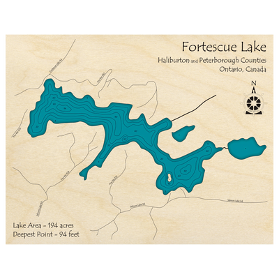 Bathymetric topo map of Fortescue Lake, ON with roads, towns and depths noted in blue water.