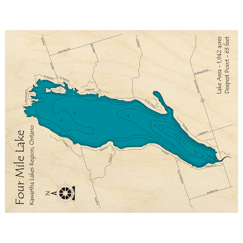 Bathymetric topo map of Four Mile Lake, ON with roads, towns and depths noted in blue water.