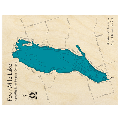 Bathymetric topo map of Four Mile Lake, ON with roads, towns and depths noted in blue water.