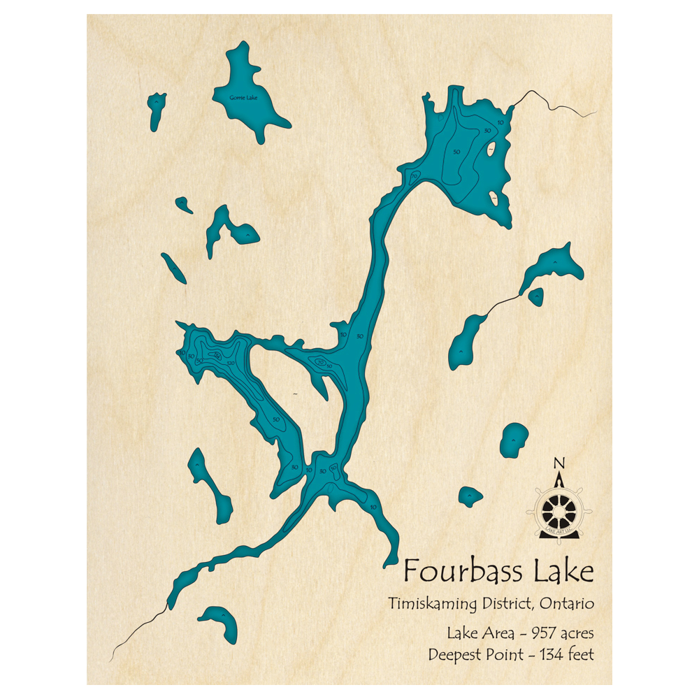 Bathymetric topo map of Fourbass Lake, ON with roads, towns and depths noted in blue water.