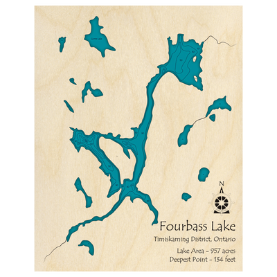 Bathymetric topo map of Fourbass Lake, ON with roads, towns and depths noted in blue water.