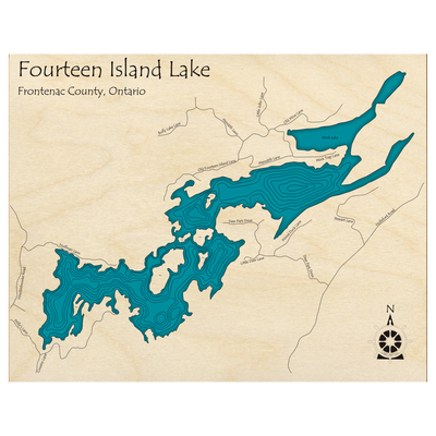 Bathymetric topo map of Fourteen Island Lake, ON with roads, towns and depths noted in blue water.