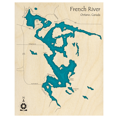 Bathymetric topo map of French River at Jamot, ON with roads, towns and depths noted in blue water.
