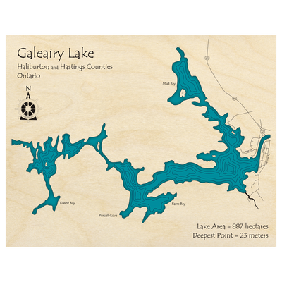 Bathymetric topo map of Galeairy Lake, ON with roads, towns and depths noted in blue water.