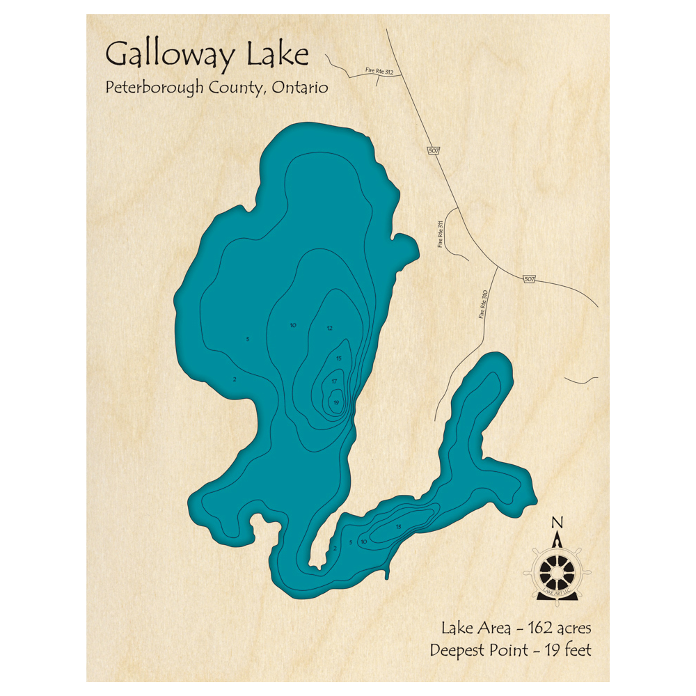 Bathymetric topo map of Galloway Lake, ON with roads, towns and depths noted in blue water.