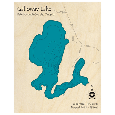 Bathymetric topo map of Galloway Lake, ON with roads, towns and depths noted in blue water.