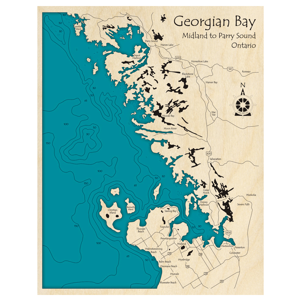 Bathymetric topo map of Georgian Bay, ON with roads, towns and depths noted in blue water.