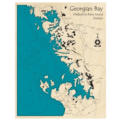 Bathymetric topo map of Georgian Bay, ON with roads, towns and depths noted in blue water.