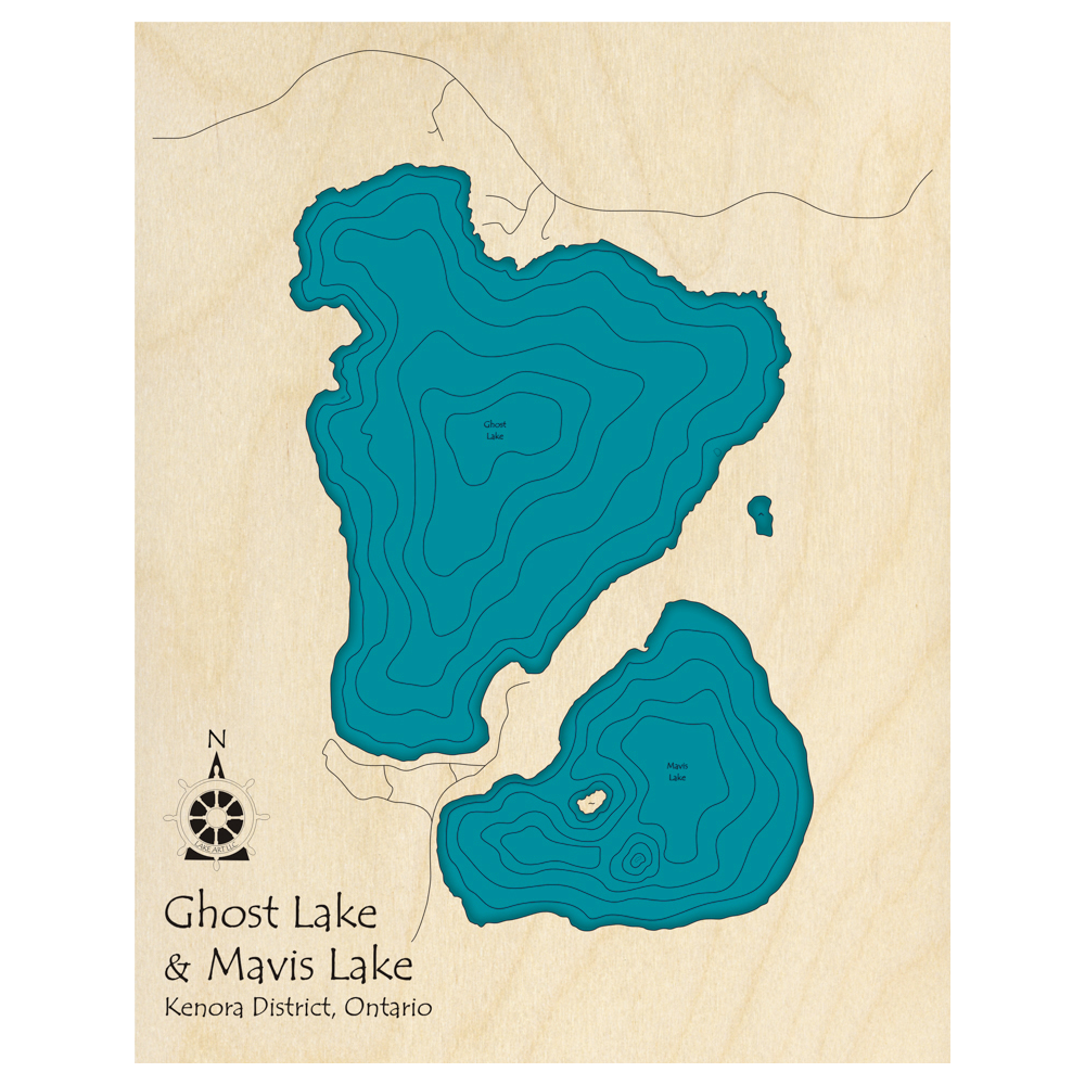 Bathymetric topo map of Ghost Lake and Mavis Lake, ON with roads, towns and depths noted in blue water.