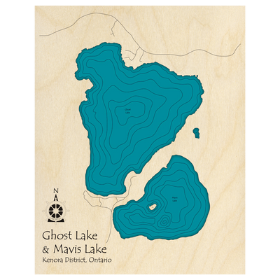 Bathymetric topo map of Ghost Lake and Mavis Lake, ON with roads, towns and depths noted in blue water.