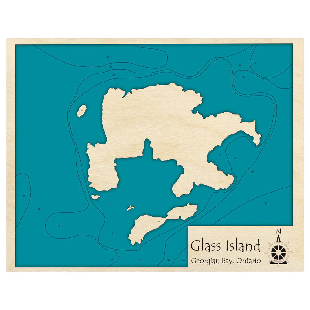 Bathymetric topo map of Glass Island, ON with roads, towns and depths noted in blue water.