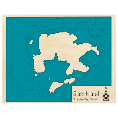 Bathymetric topo map of Glass Island, ON with roads, towns and depths noted in blue water.