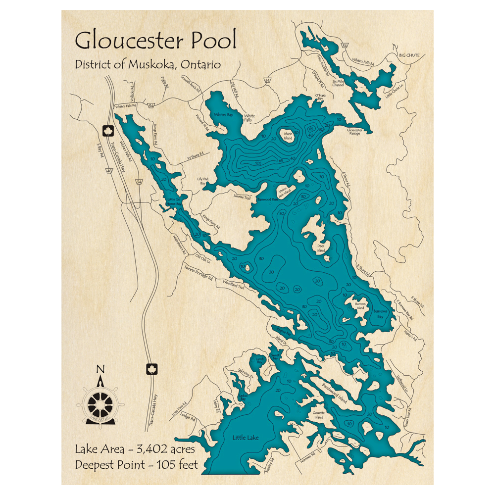 Bathymetric topo map of Gloucester Pool, ON with roads, towns and depths noted in blue water.