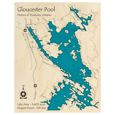 Bathymetric topo map of Gloucester Pool, ON with roads, towns and depths noted in blue water.