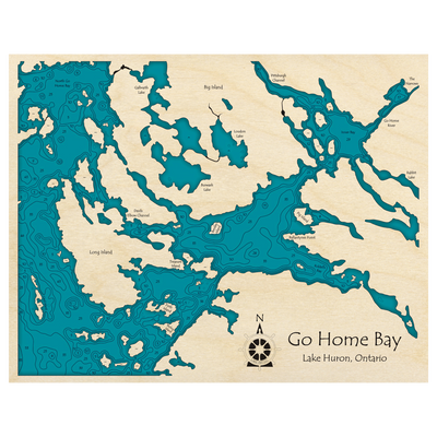 Bathymetric topo map of Go Home Bay, ON with roads, towns and depths noted in blue water.