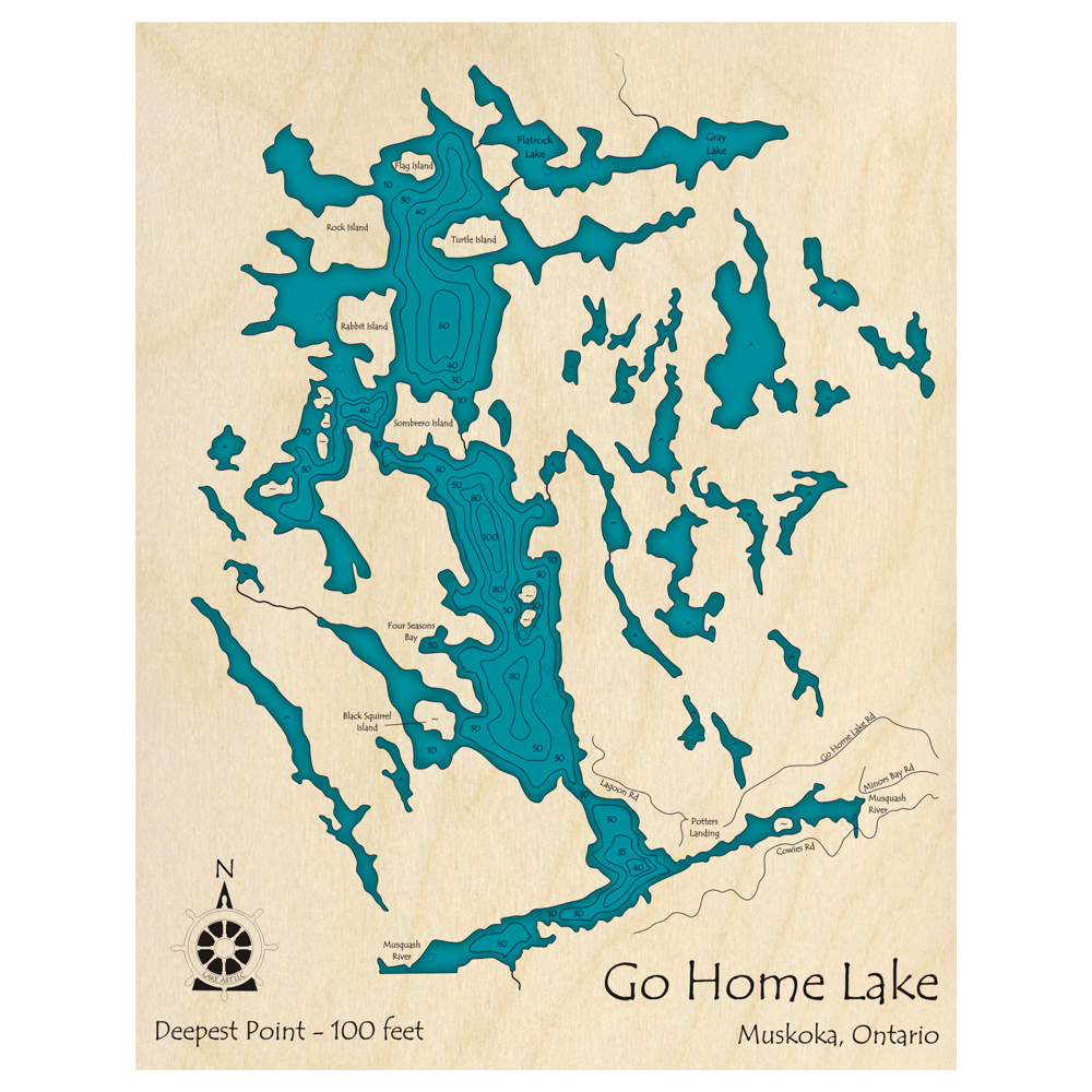 Bathymetric topo map of Go Home Lake, ON with roads, towns and depths noted in blue water.