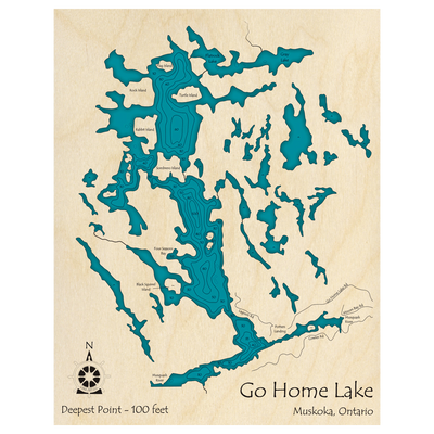 Bathymetric topo map of Go Home Lake, ON with roads, towns and depths noted in blue water.
