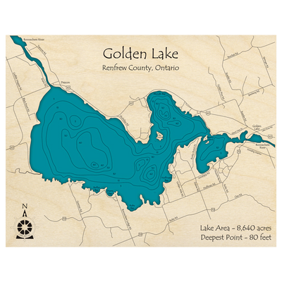 Bathymetric topo map of Golden Lake, ON with roads, towns and depths noted in blue water.