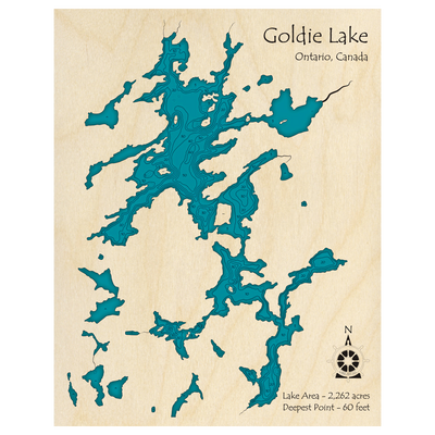 Bathymetric topo map of Goldie Lake, ON with roads, towns and depths noted in blue water.