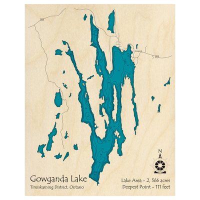 Bathymetric topo map of Gowganda Lake, ON with roads, towns and depths noted in blue water.