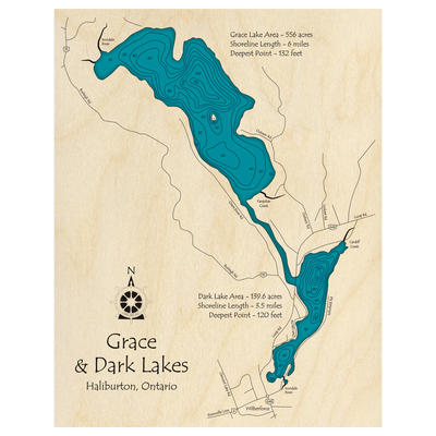 Bathymetric topo map of Grace and Dark Lakes, ON with roads, towns and depths noted in blue water.