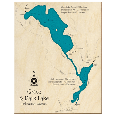 Bathymetric topo map of Grace and Dark Lakes, ON with roads, towns and depths noted in blue water.