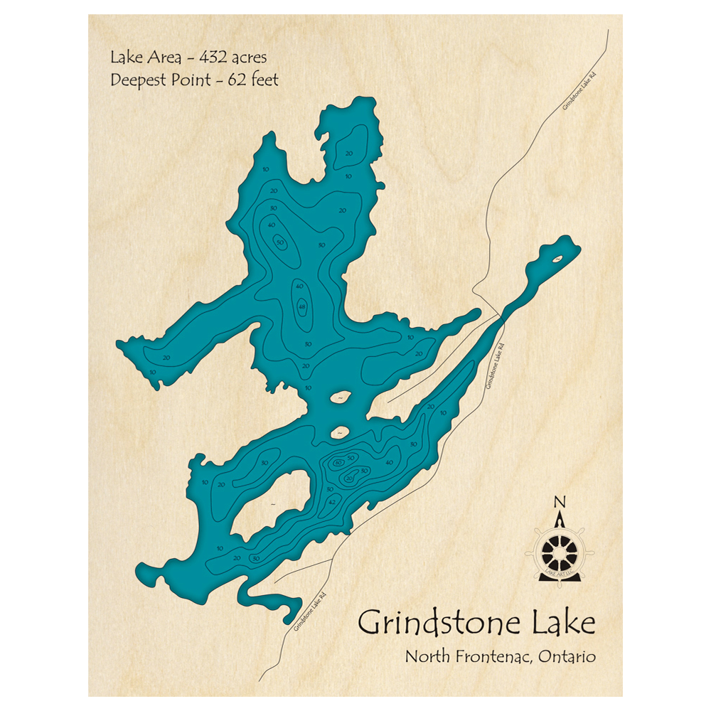 Bathymetric topo map of Grindstone Lake, ON with roads, towns and depths noted in blue water.