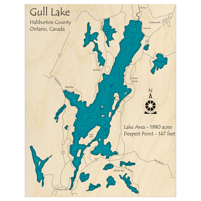 Bathymetric topo map of Gull Lake, ON with roads, towns and depths noted in blue water.