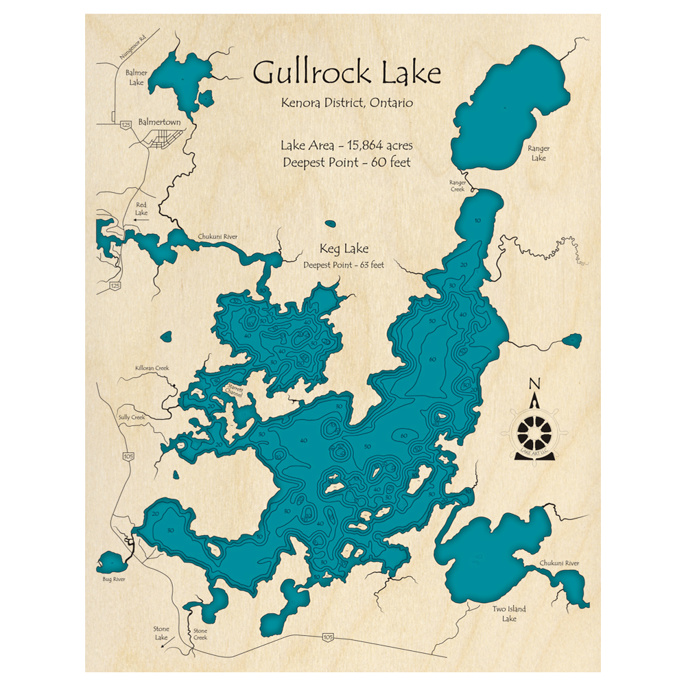 Bathymetric topo map of Gullrock Lake with Keg Lake, ON with roads, towns and depths noted in blue water.