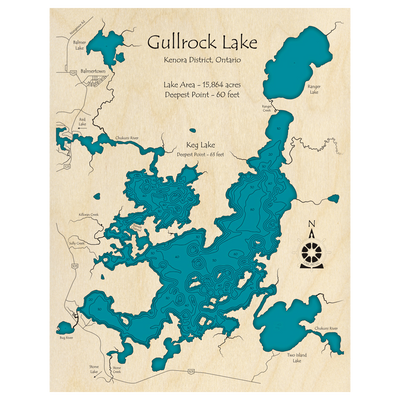 Bathymetric topo map of Gullrock Lake with Keg Lake, ON with roads, towns and depths noted in blue water.