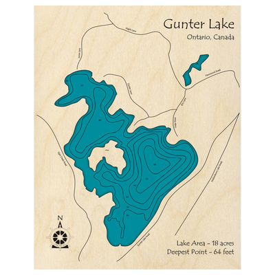 Bathymetric topo map of Gunter Lake, ON with roads, towns and depths noted in blue water.