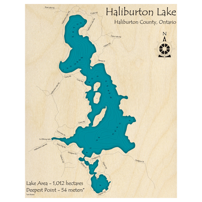 Bathymetric topo map of Haliburton Lake, ON with roads, towns and depths noted in blue water.
