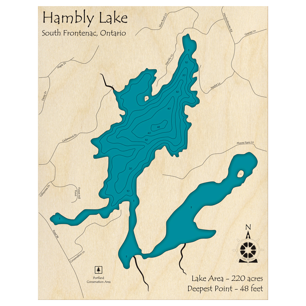 Bathymetric topo map of Hambly Lake, ON with roads, towns and depths noted in blue water.