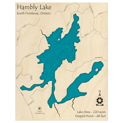 Bathymetric topo map of Hambly Lake, ON with roads, towns and depths noted in blue water.
