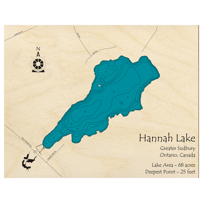 Bathymetric topo map of Hannah Lake, ON with roads, towns and depths noted in blue water.