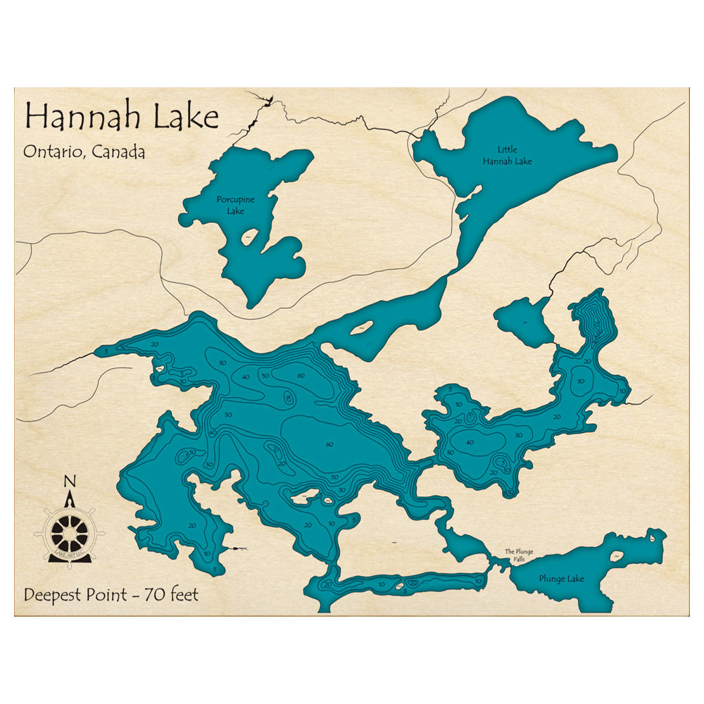 Bathymetric topo map of Hannah Lake, ON with roads, towns and depths noted in blue water.
