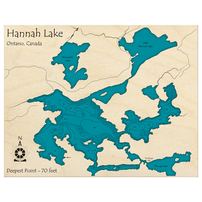 Bathymetric topo map of Hannah Lake, ON with roads, towns and depths noted in blue water.