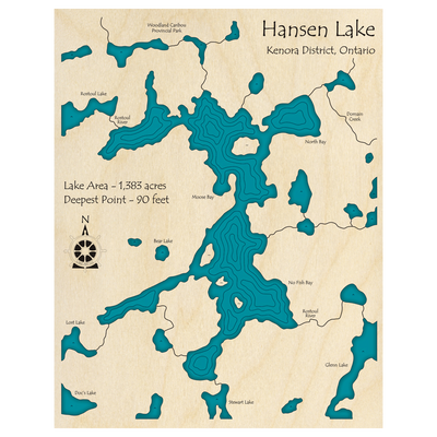 Bathymetric topo map of Hansen Lake, ON with roads, towns and depths noted in blue water.
